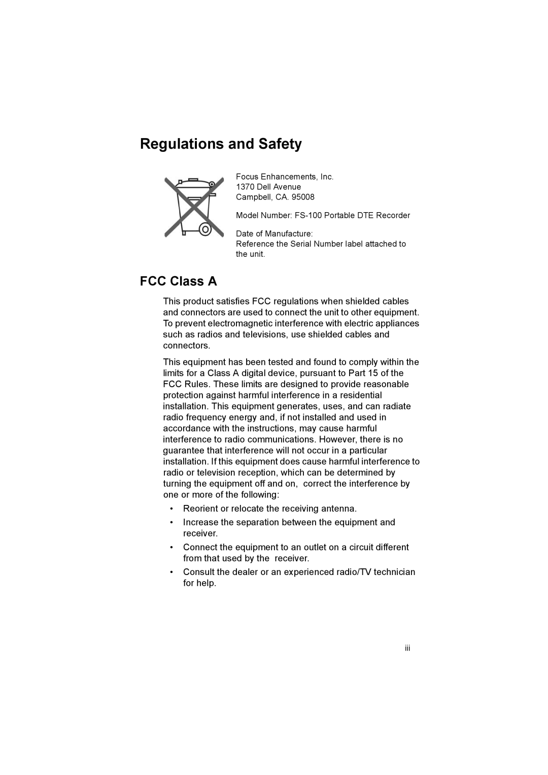 FOCUS Enhancements FS100, MANL102306 manual Regulations and Safety 