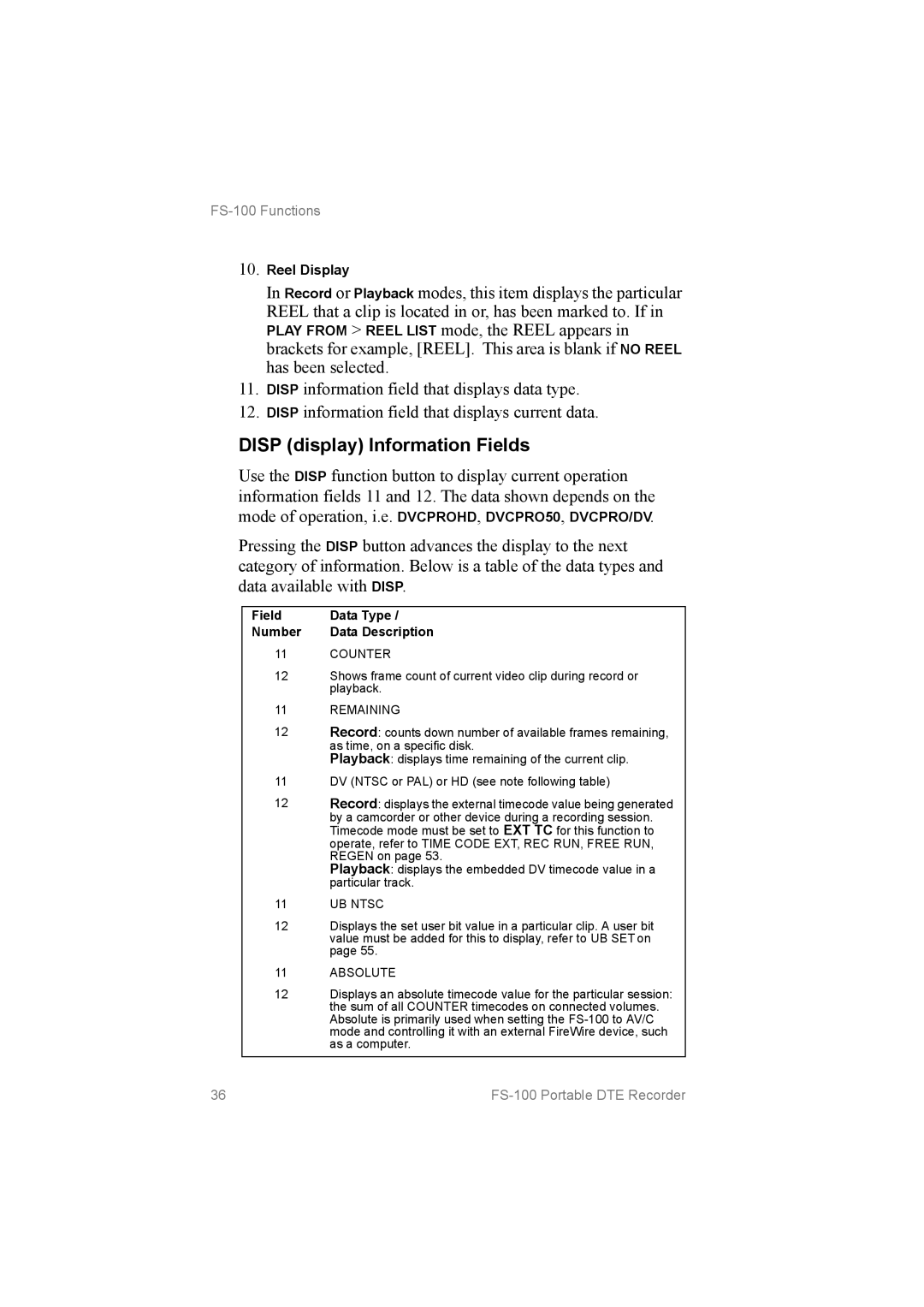 FOCUS Enhancements MANL102306, FS100 manual Disp display Information Fields, Field Data Type Number Data Description 