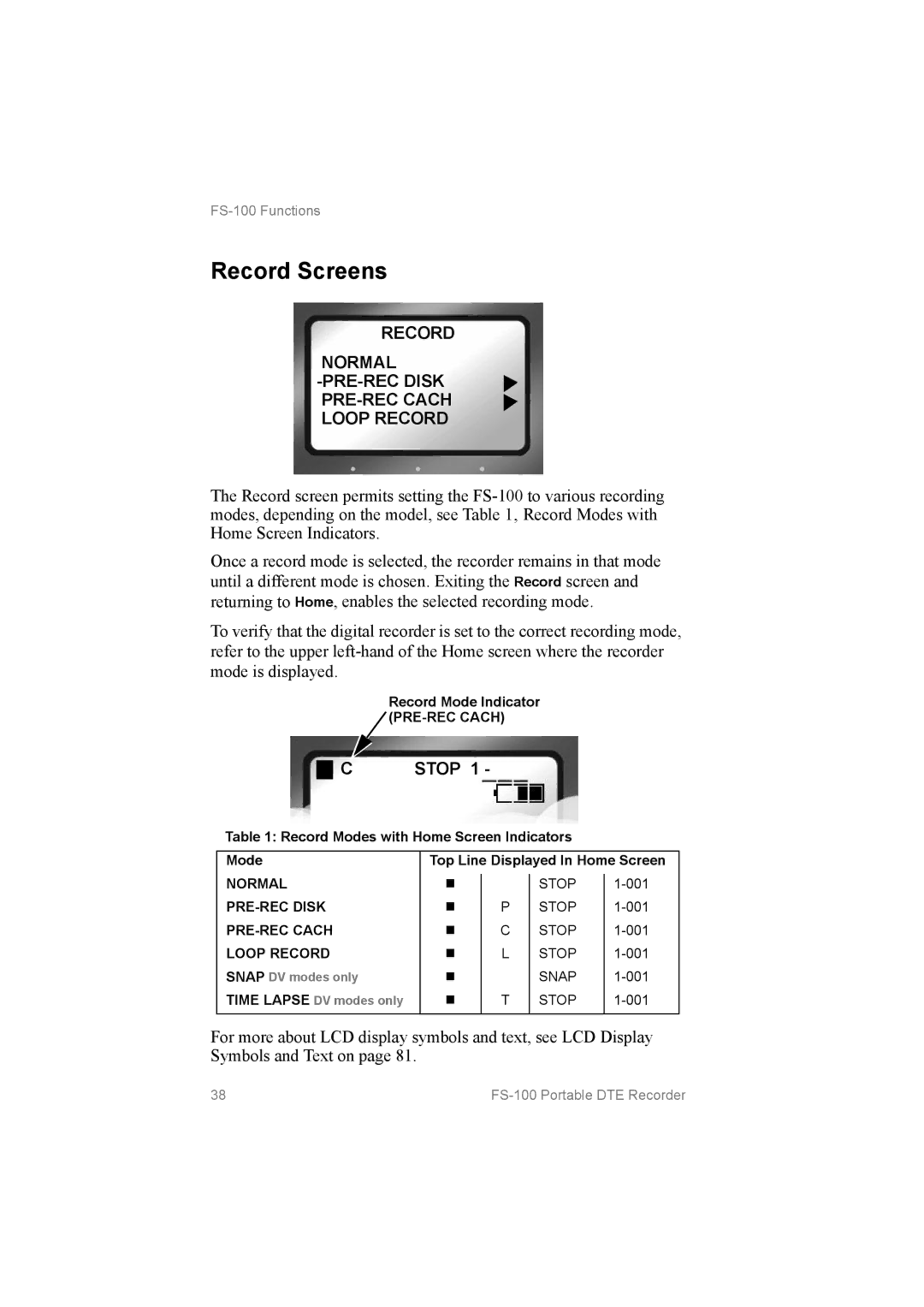 FOCUS Enhancements MANL102306, FS100 manual Record Screens, Record Normal ­PRE­REC Disk PRE­REC Cach Loop Record 