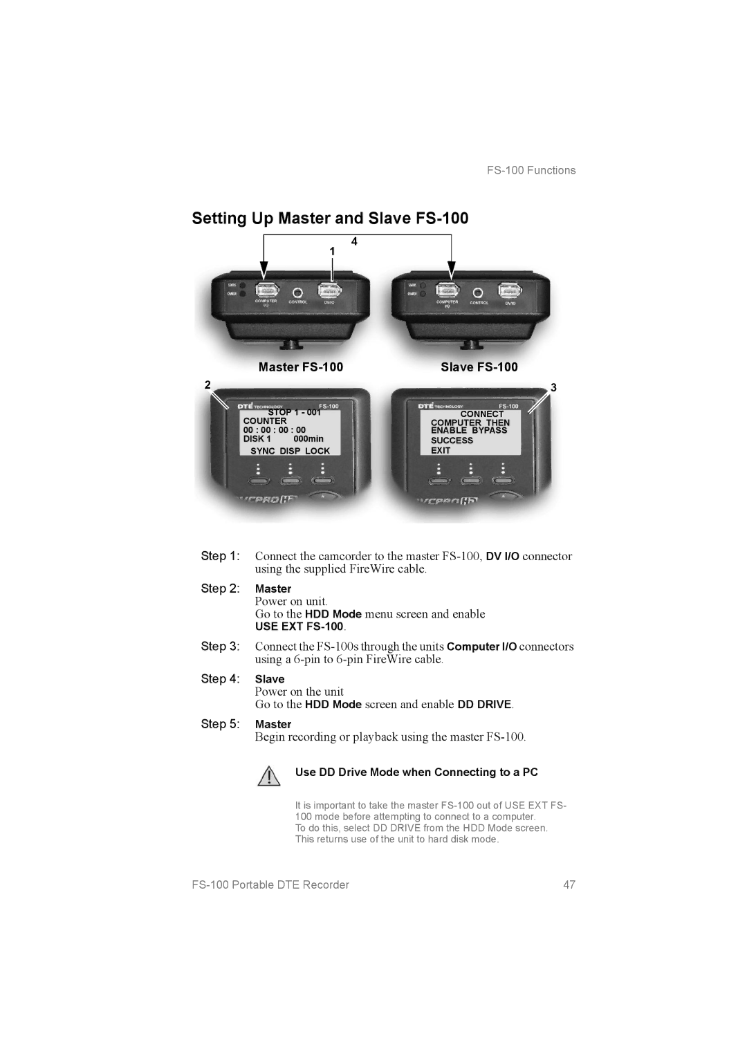 FOCUS Enhancements FS100, MANL102306 manual Setting Up Master and Slave FS­100, Master FS­100 Slave FS­100 