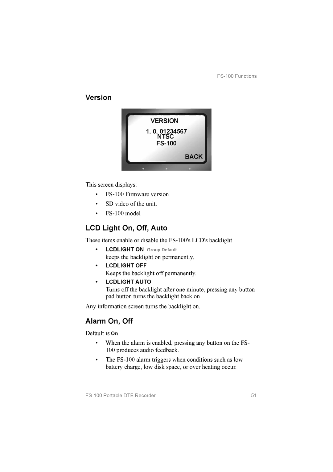 FOCUS Enhancements FS100, MANL102306 manual Version, LCD Light On, Off, Auto, Alarm On, Off 