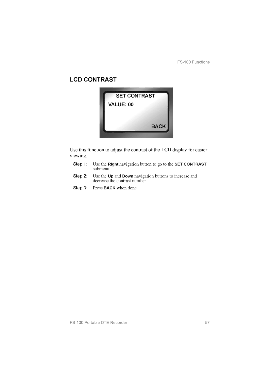 FOCUS Enhancements FS100, MANL102306 manual LCD Contrast, SET Contrast Value Back 