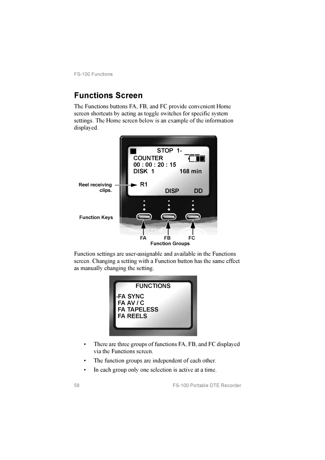 FOCUS Enhancements MANL102306, FS100 manual Functions Screen, Disp DD, Functions ­FA Sync FA AV / C FA Tapeless FA Reels 