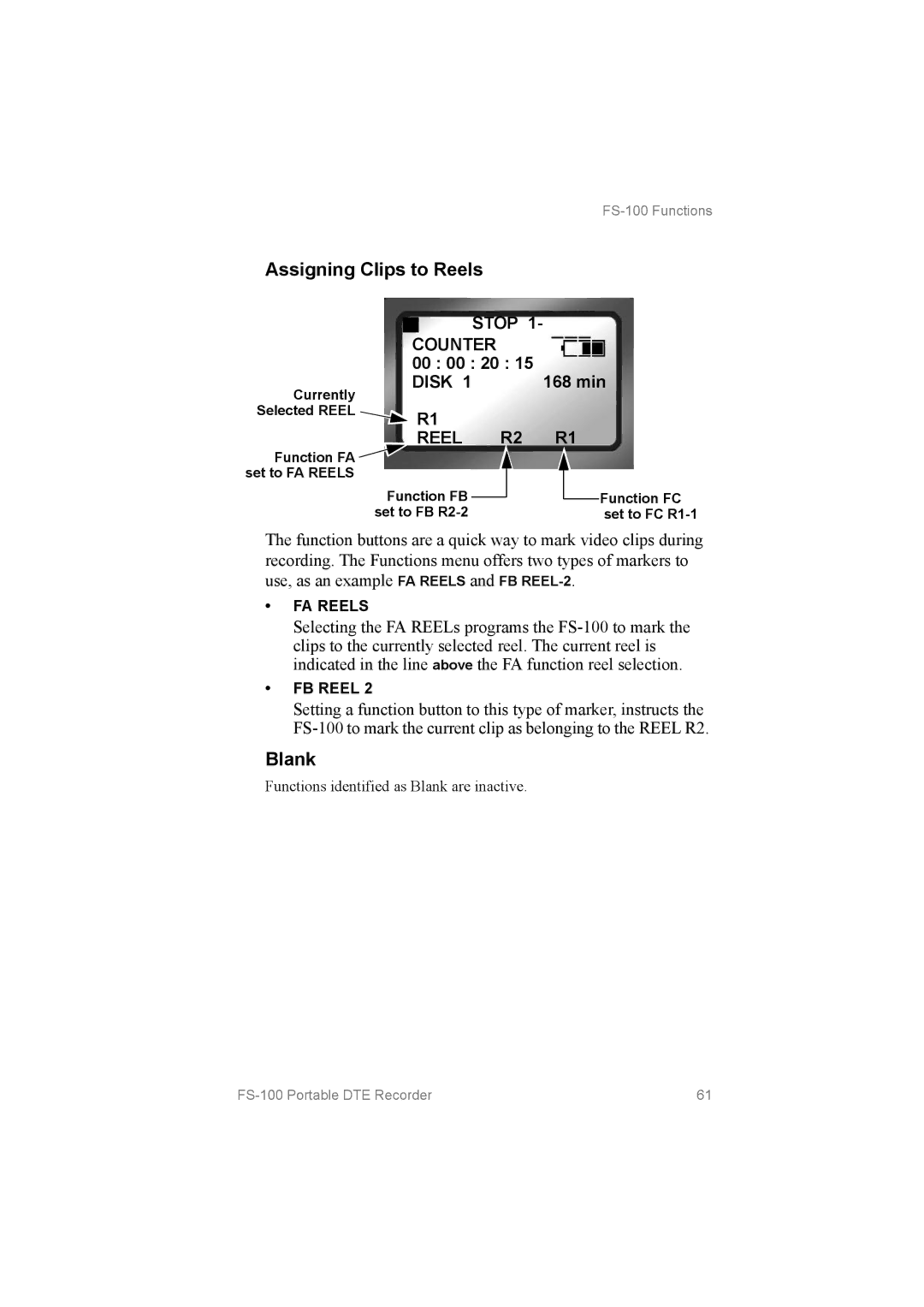 FOCUS Enhancements FS100, MANL102306 manual Assigning Clips to Reels, Blank, Disk Reel 