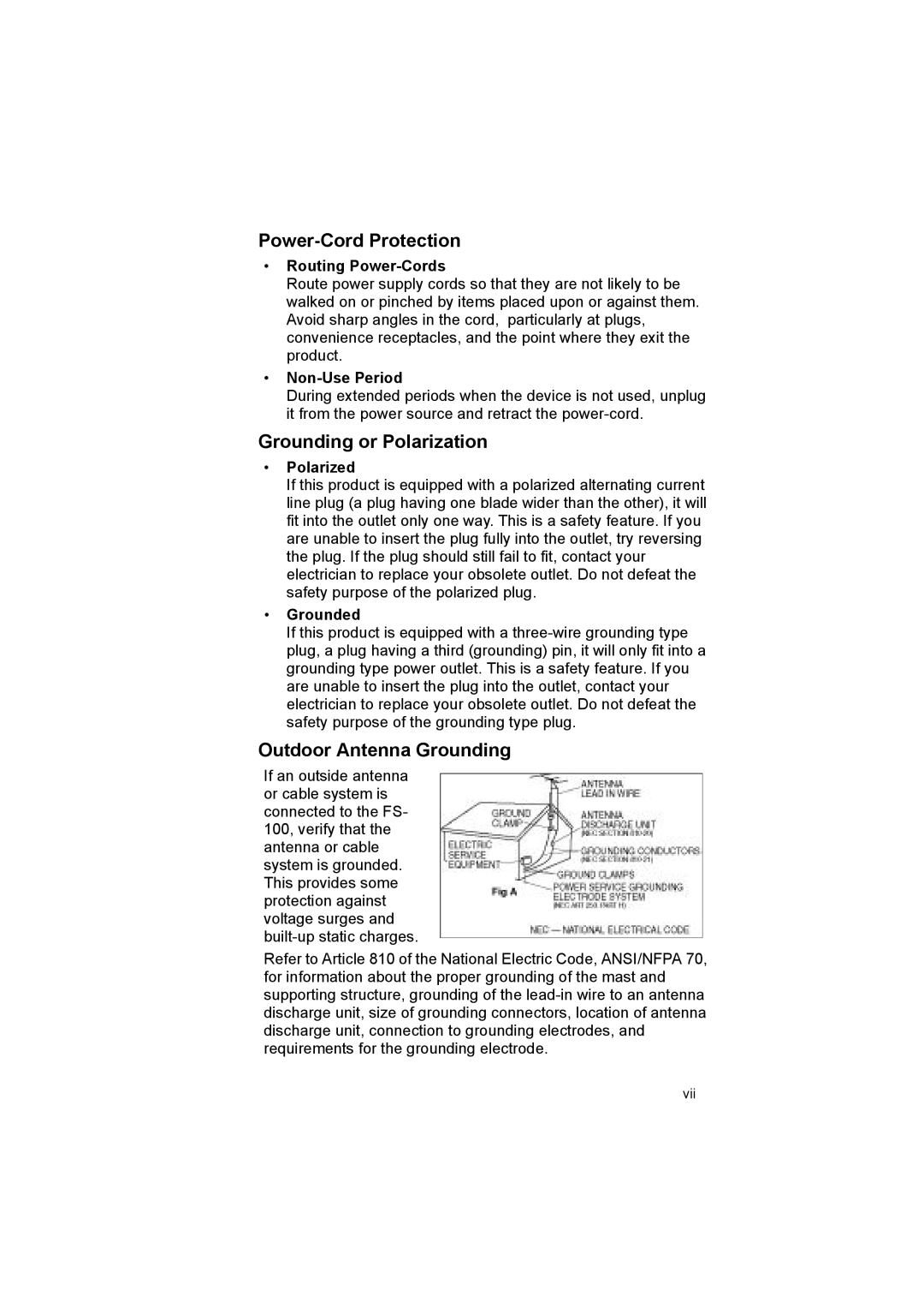 FOCUS Enhancements FS100, MANL102306 manual Power­Cord Protection, Grounding or Polarization, Outdoor Antenna Grounding 