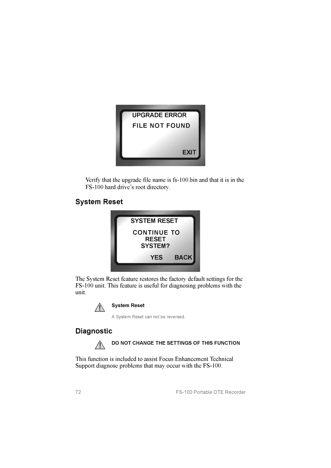 FOCUS Enhancements MANL102306, FS100 manual System Reset, Diagnostic, Upgrade Error File not Found Exit 