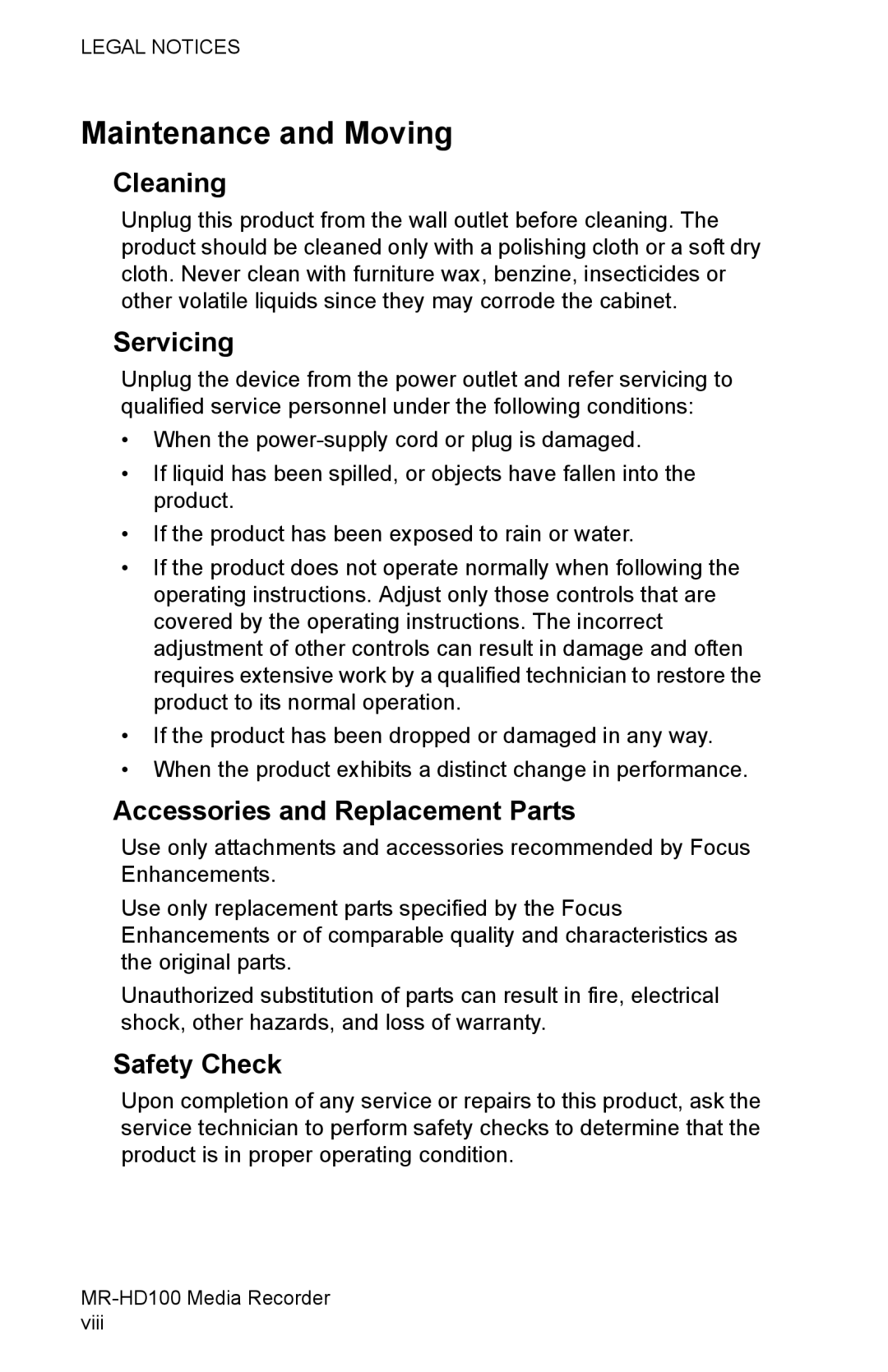 FOCUS Enhancements MR-HD100 Maintenance and Moving, Cleaning, Servicing, Accessories and Replacement Parts, Safety Check 