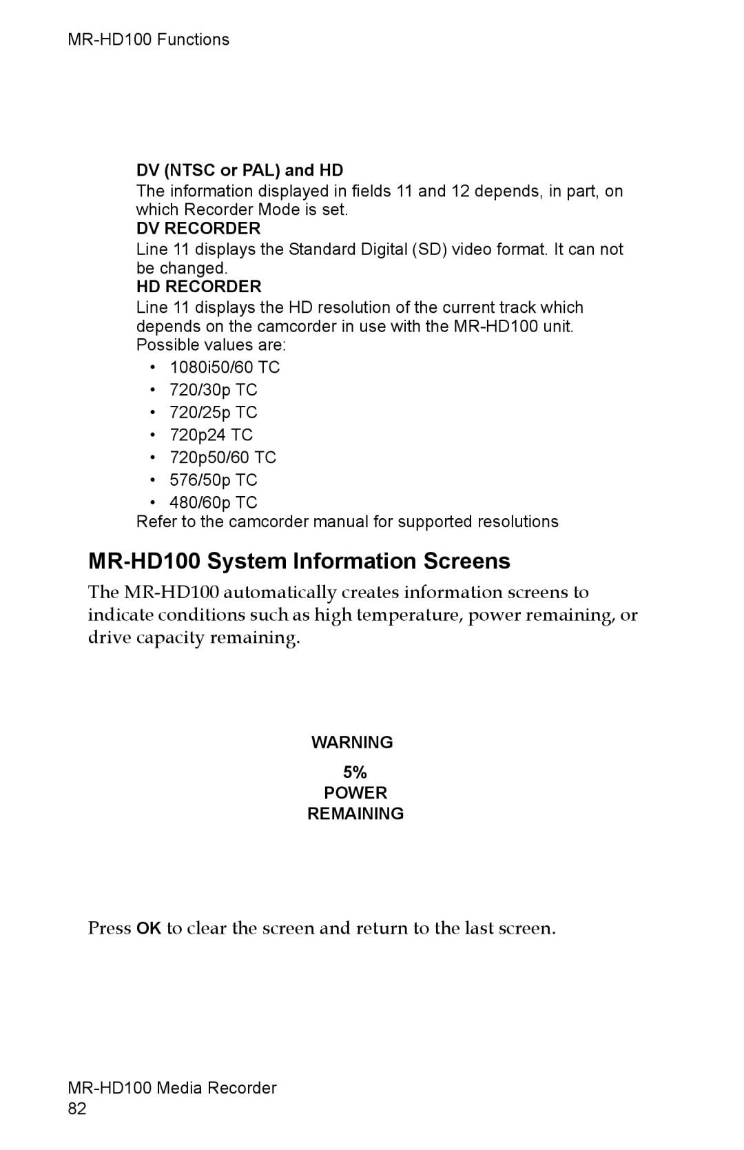 FOCUS Enhancements manual MR-HD100 System Information Screens, DV Ntsc or PAL and HD 