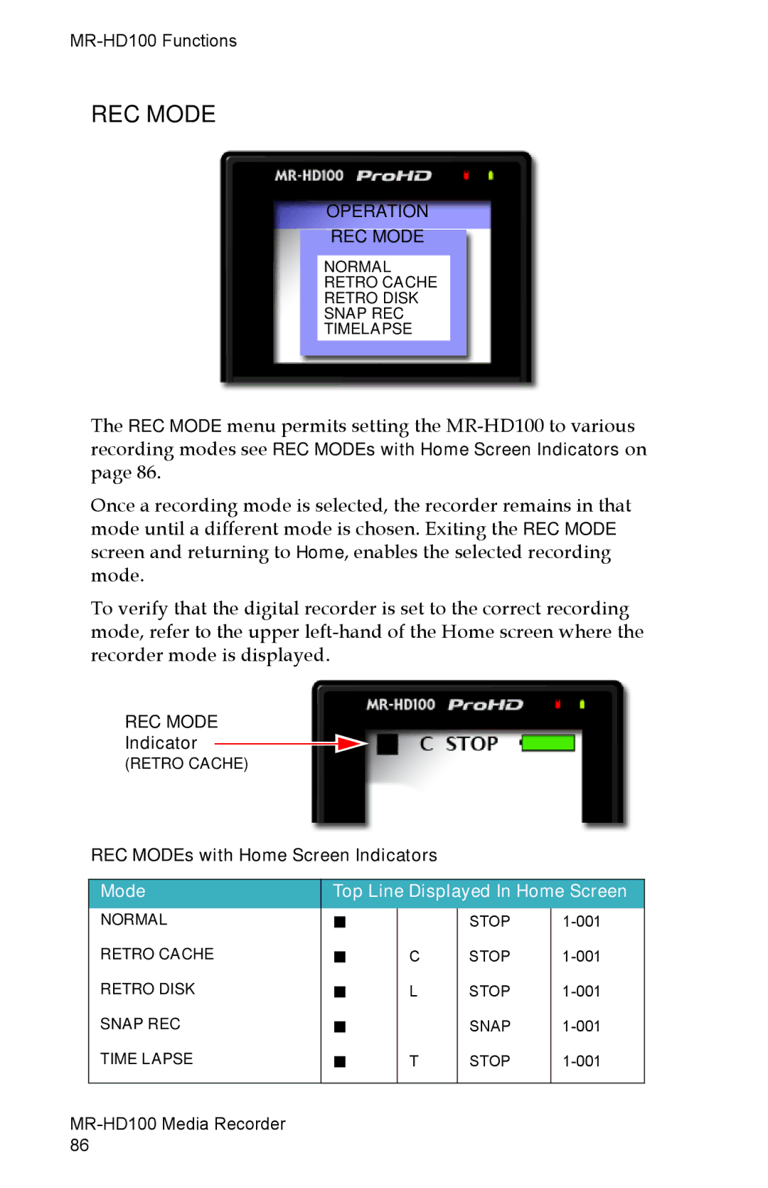 FOCUS Enhancements MR-HD100 manual REC Mode, REC MODEs with Home Screen Indicators 