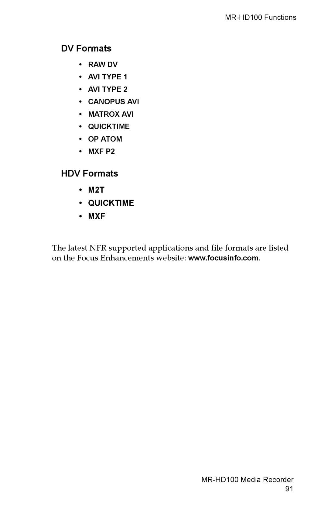 FOCUS Enhancements MR-HD100 manual HDV Formats, M2T, MXF P2 