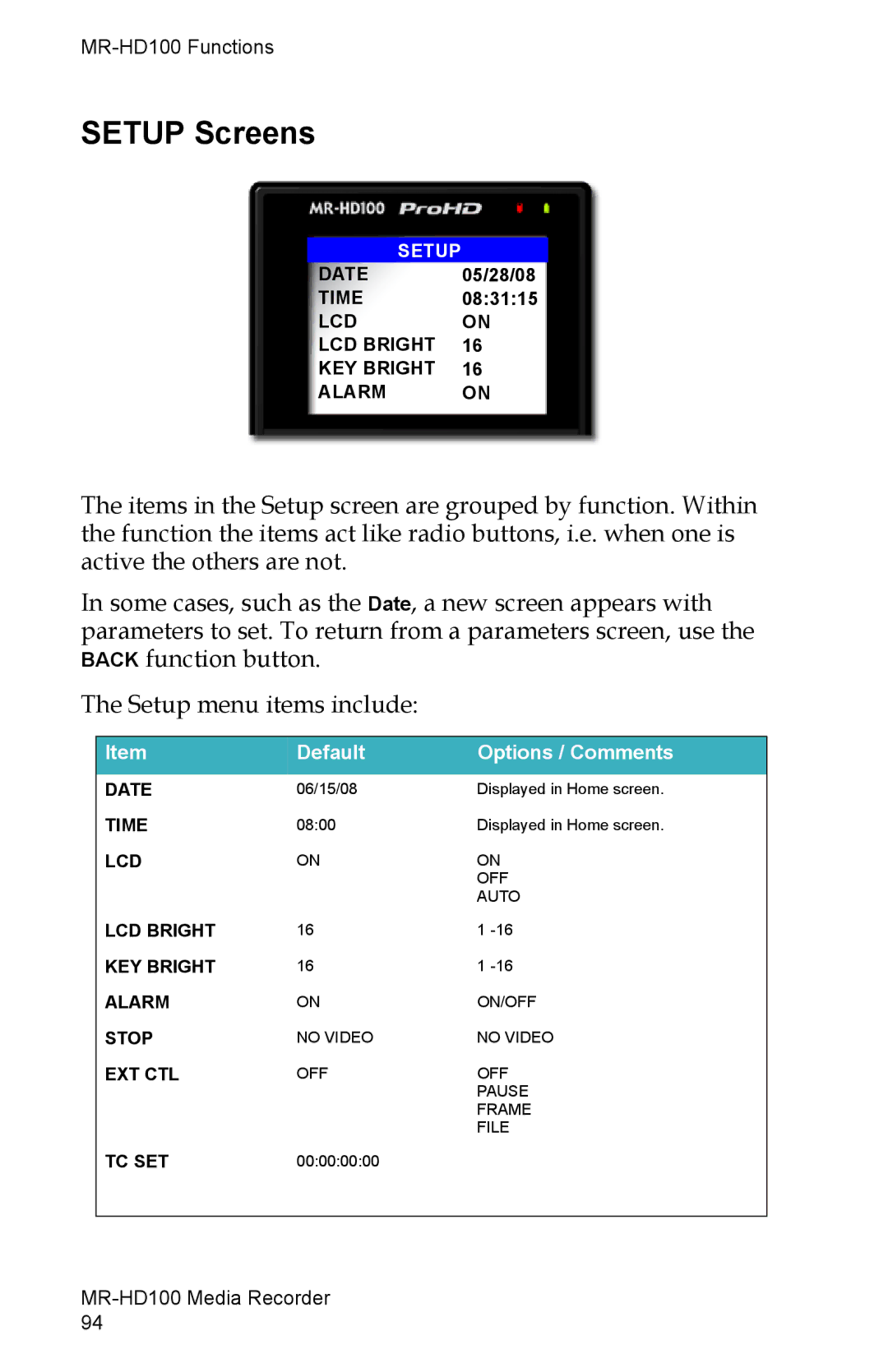 FOCUS Enhancements MR-HD100 manual Setup Screens, Default Options / Comments 