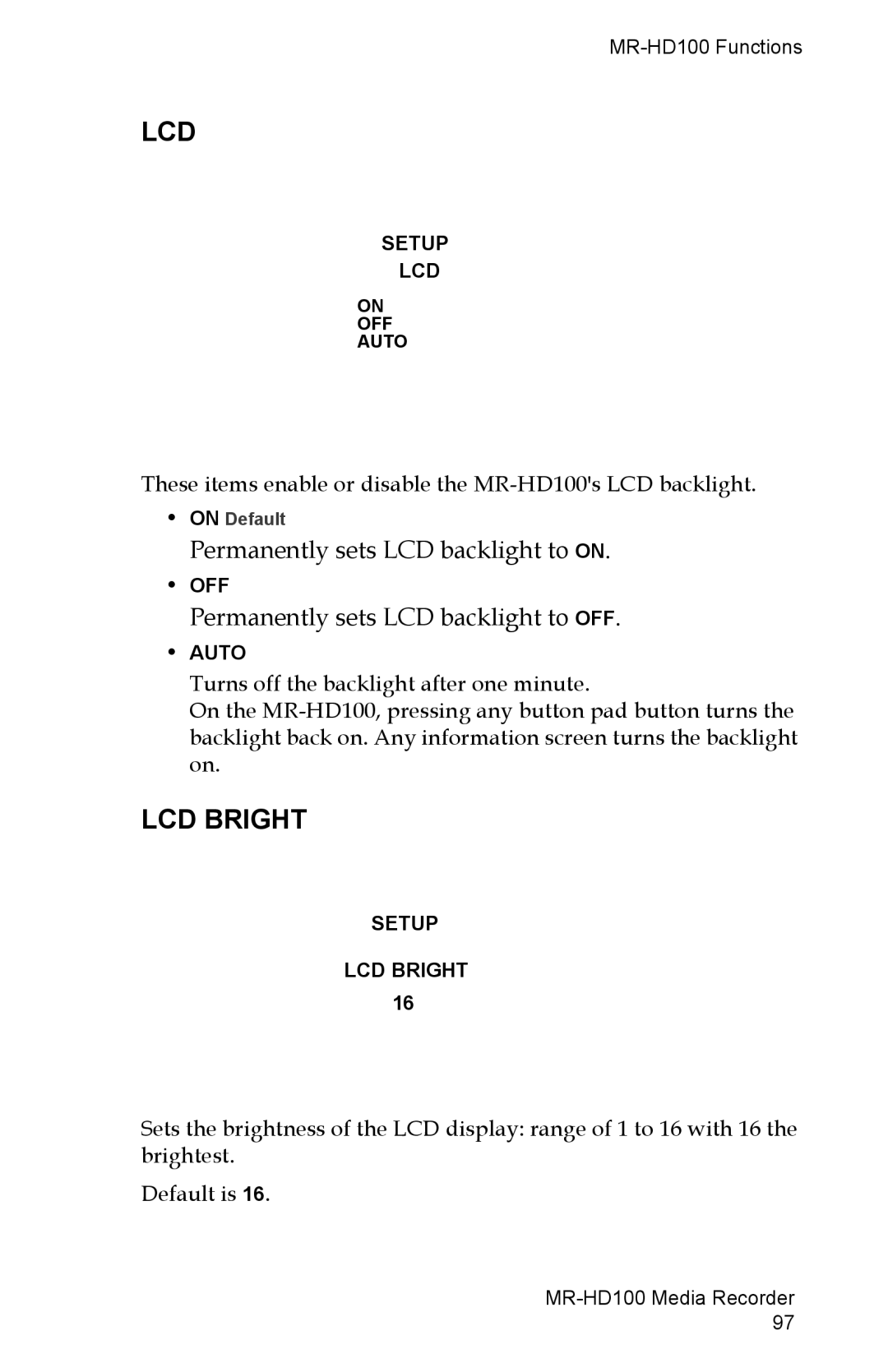 FOCUS Enhancements MR-HD100 manual Lcd, LCD Bright 