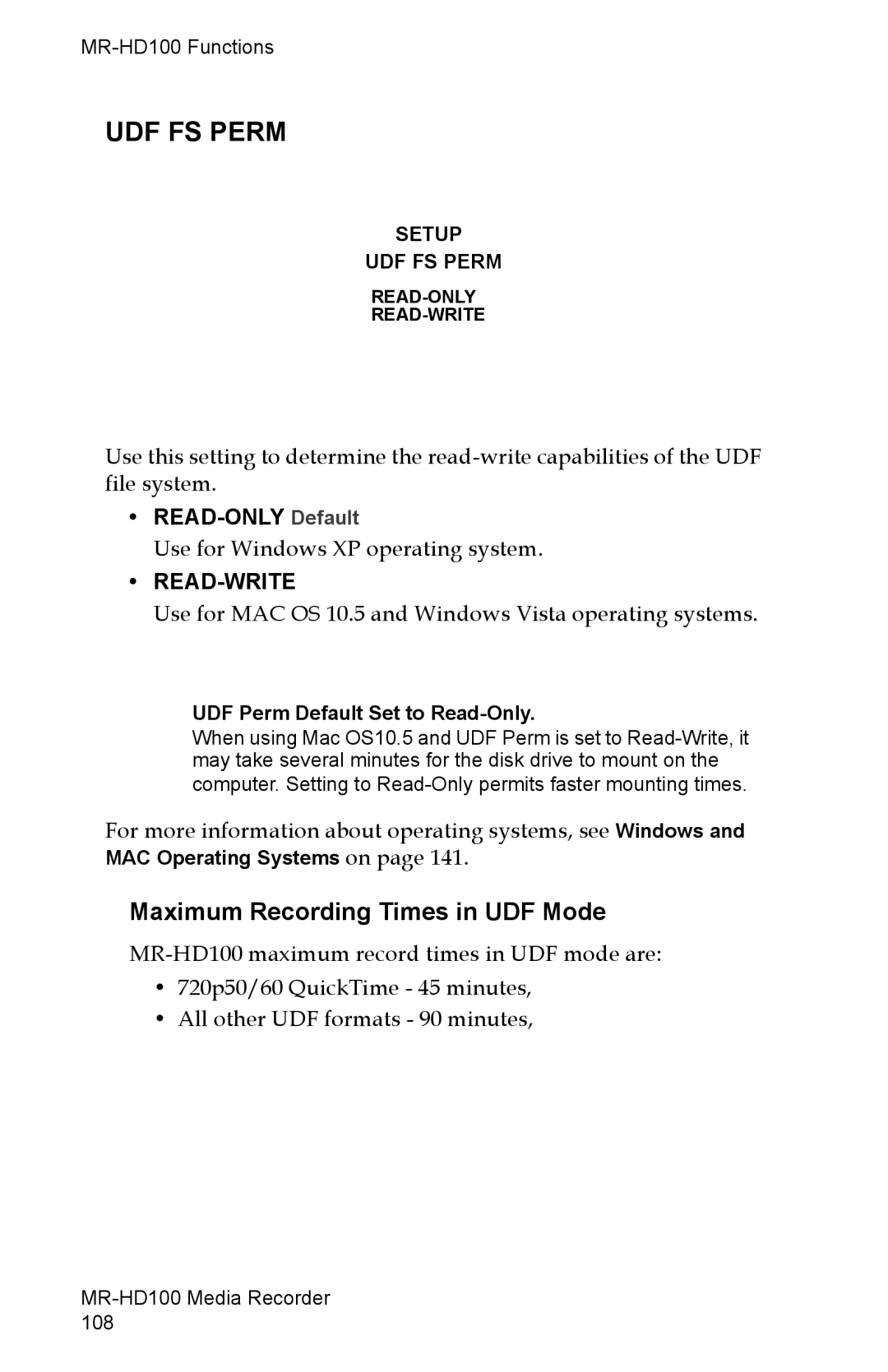 FOCUS Enhancements MR-HD100 manual UDF FS Perm, Maximum Recording Times in UDF Mode, READ-ONLY Default 