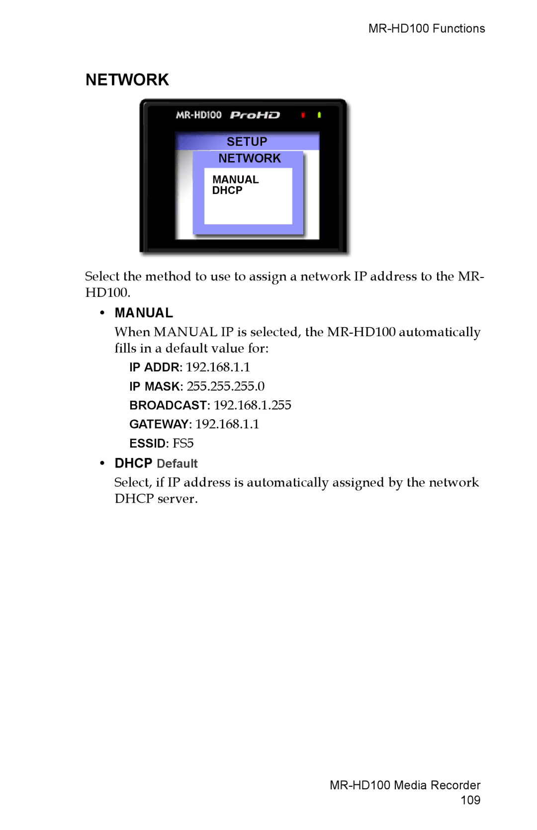 FOCUS Enhancements MR-HD100 manual Network, Dhcp Default 