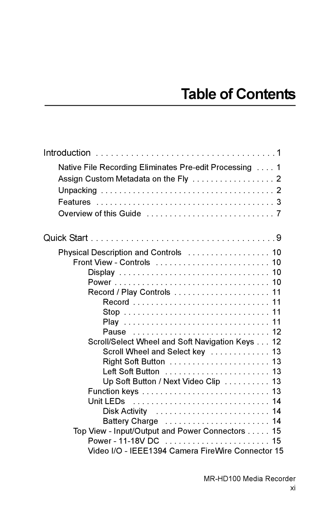 FOCUS Enhancements MR-HD100 manual Table of Contents 