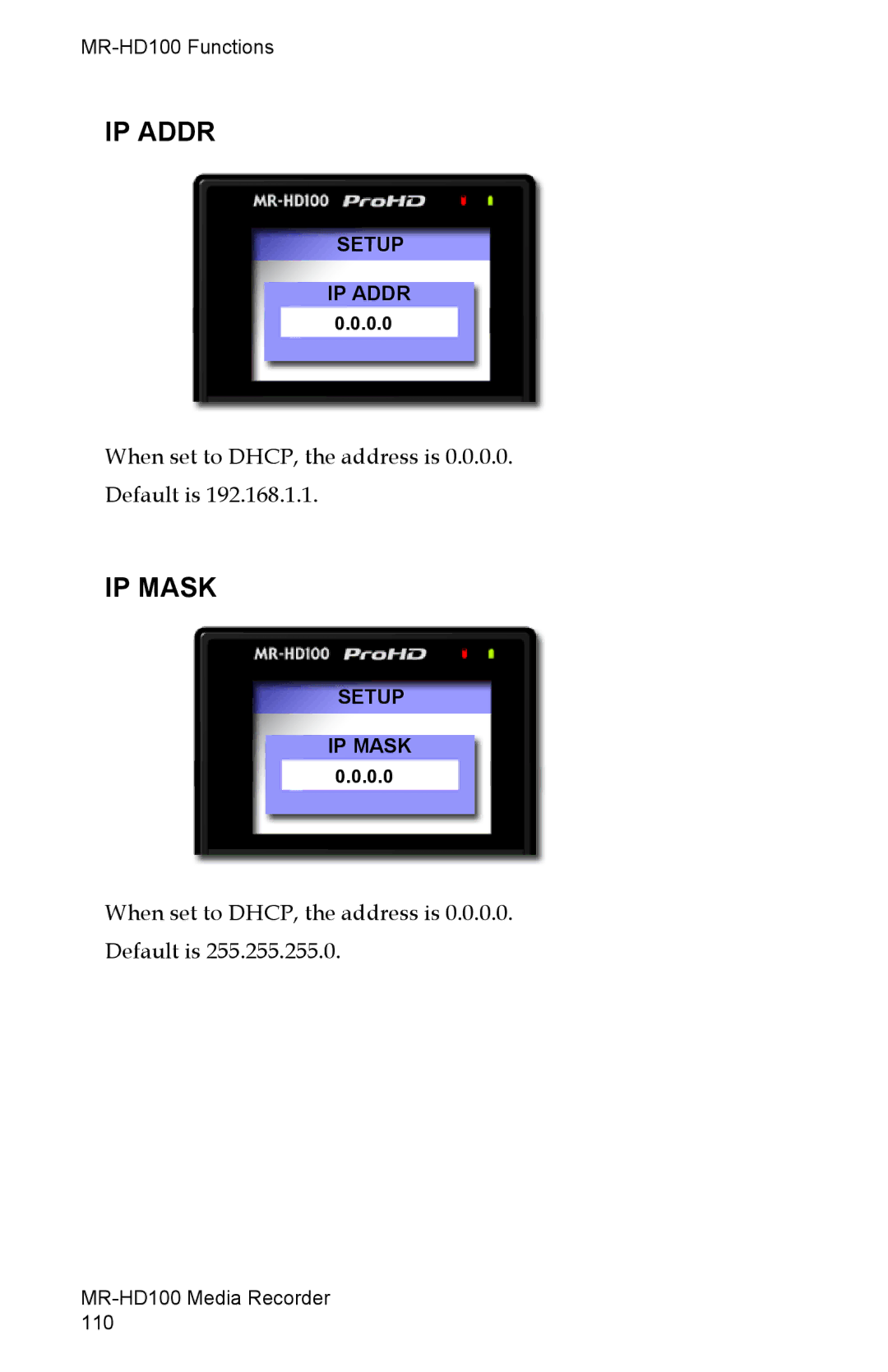 FOCUS Enhancements MR-HD100 manual IP Addr, IP Mask 