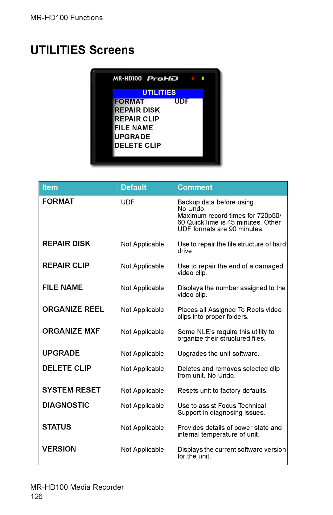 FOCUS Enhancements MR-HD100 manual Utilities Screens, Format 