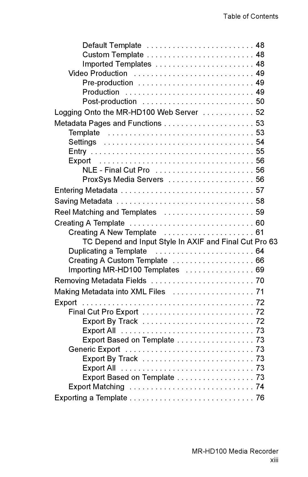 FOCUS Enhancements MR-HD100 manual Table of Contents 