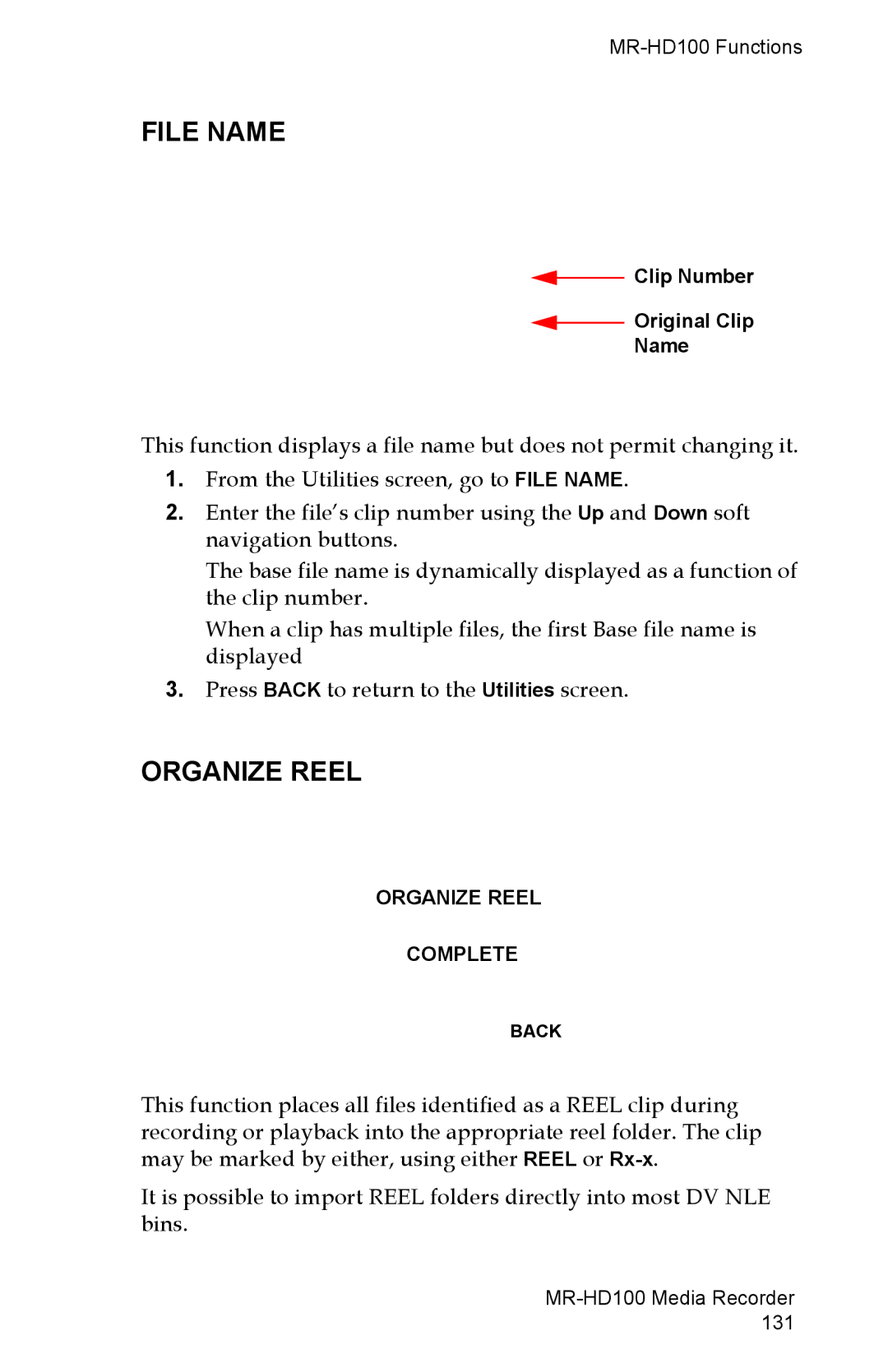 FOCUS Enhancements MR-HD100 manual File Name, Organize Reel, Clip Number Original Clip Name 