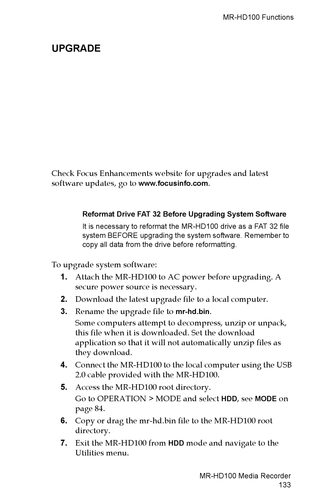 FOCUS Enhancements MR-HD100 manual Upgrade, Reformat Drive FAT 32 Before Upgrading System Software 