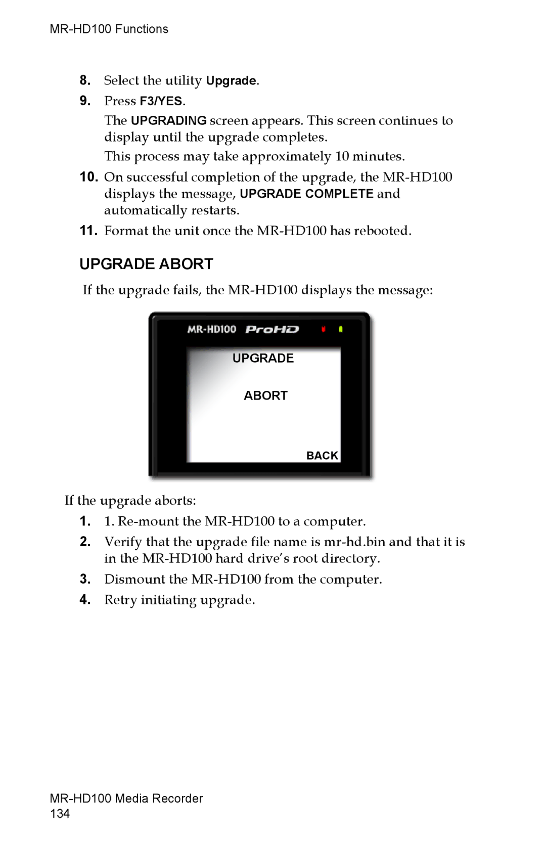 FOCUS Enhancements MR-HD100 manual Upgrade Abort 