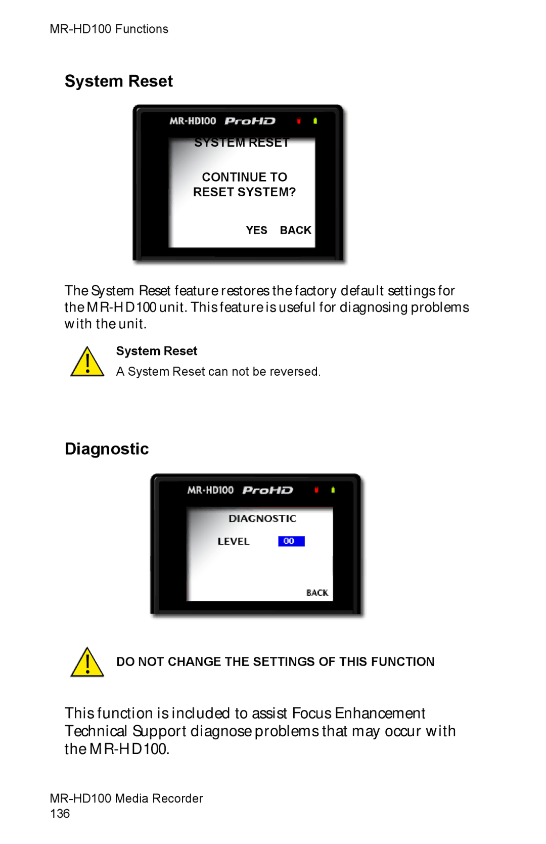 FOCUS Enhancements MR-HD100 manual System Reset, Diagnostic 