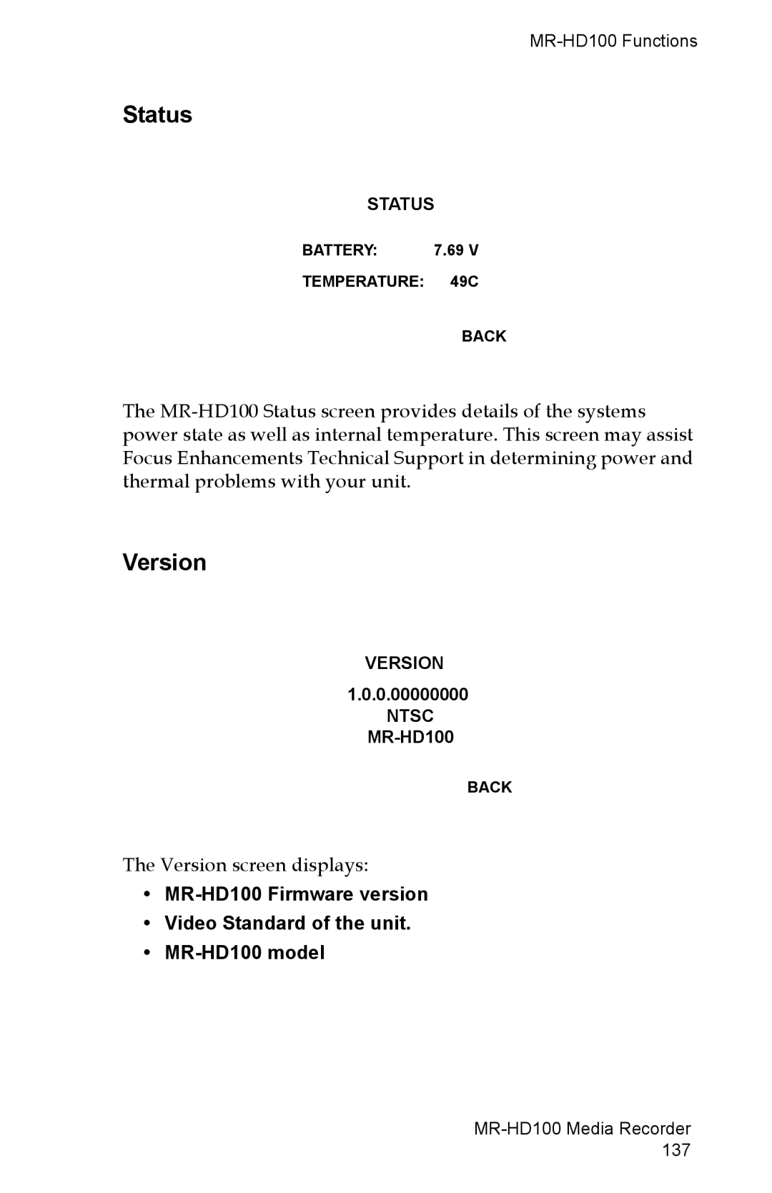 FOCUS Enhancements MR-HD100 manual Status, Version, 0.00000000 