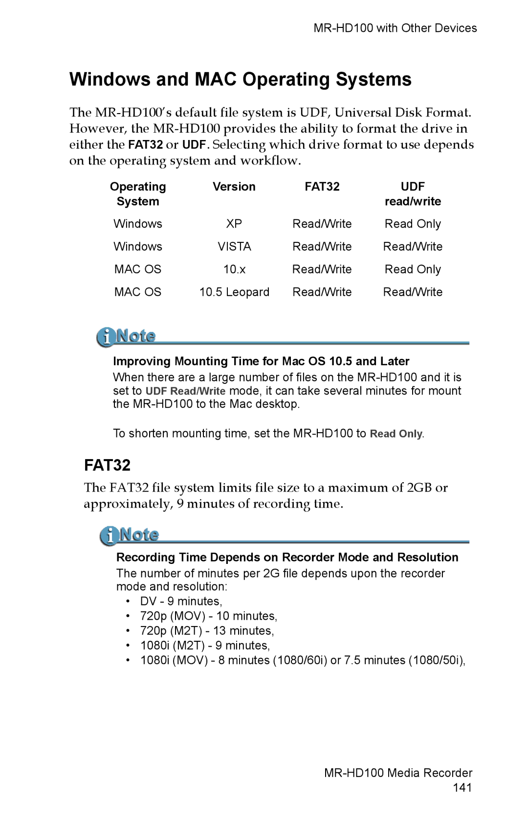 FOCUS Enhancements MR-HD100 Windows and MAC Operating Systems, FAT32, Improving Mounting Time for Mac OS 10.5 and Later 