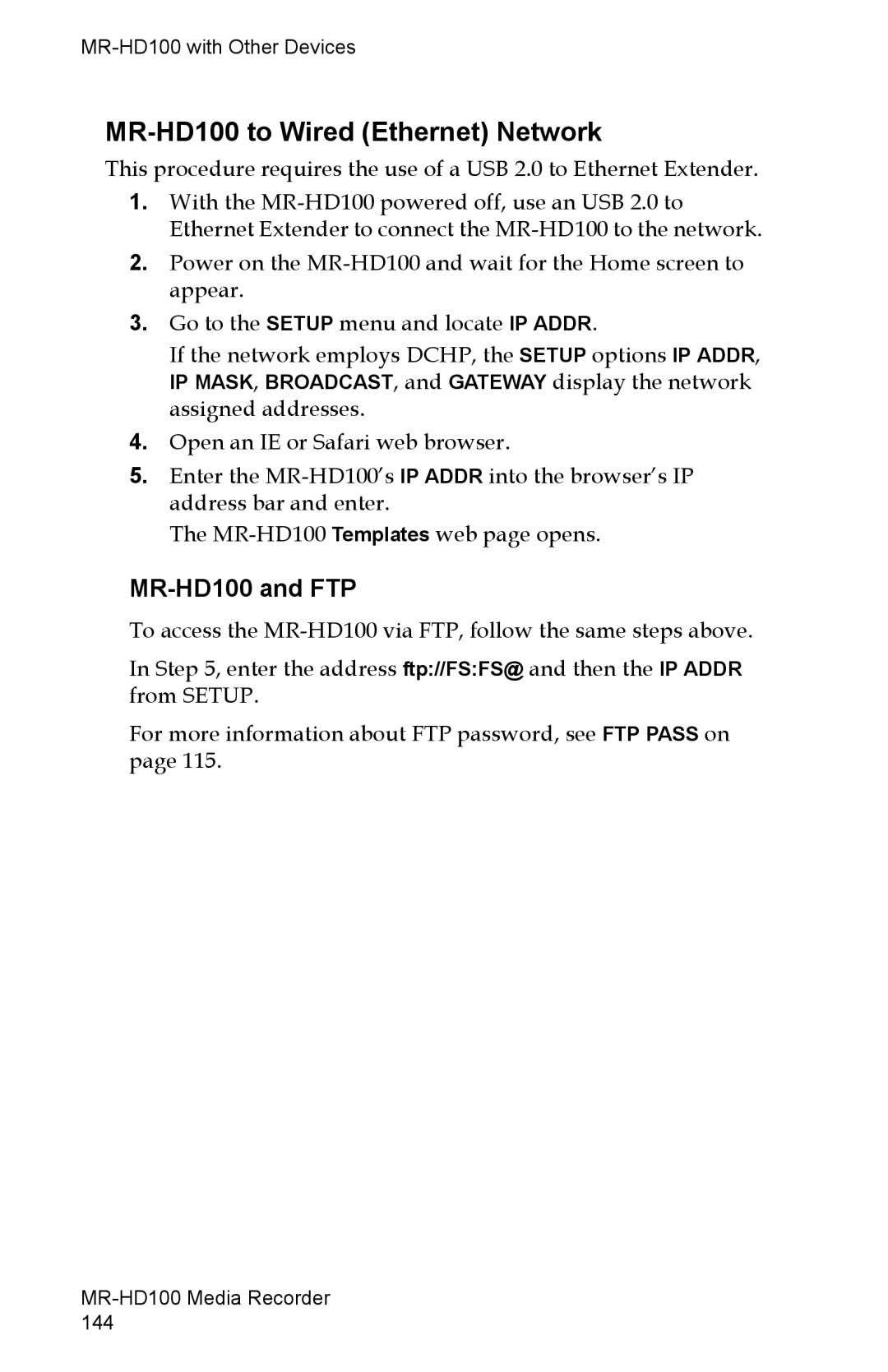 FOCUS Enhancements manual MR-HD100 to Wired Ethernet Network, MR-HD100 and FTP 