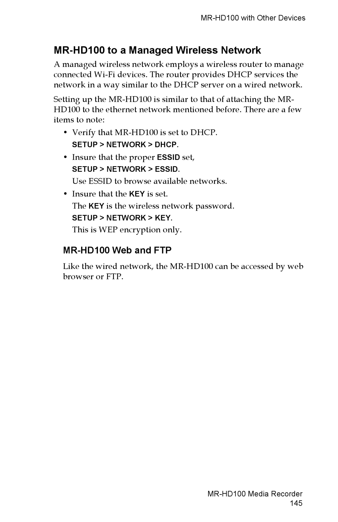 FOCUS Enhancements manual MR-HD100 to a Managed Wireless Network, MR-HD100 Web and FTP 