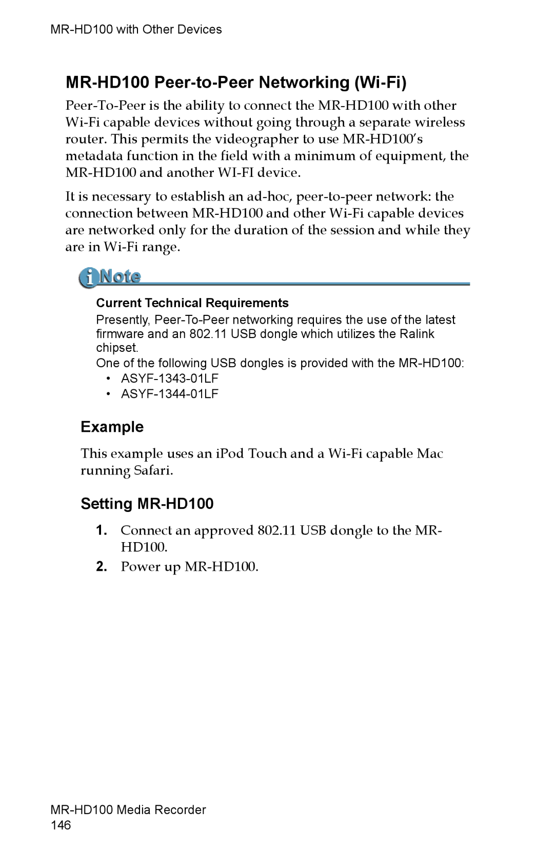 FOCUS Enhancements MR-HD100 Peer-to-Peer Networking Wi-Fi, Example, Setting MR-HD100, Current Technical Requirements 