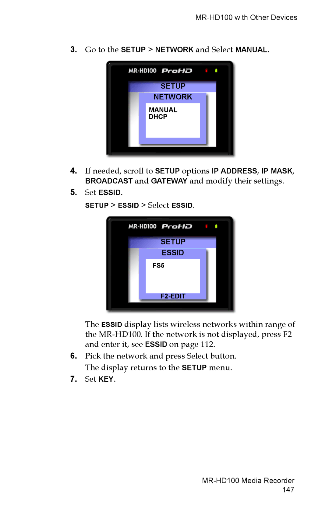 FOCUS Enhancements MR-HD100 manual Go to the Setup Network and Select Manual 