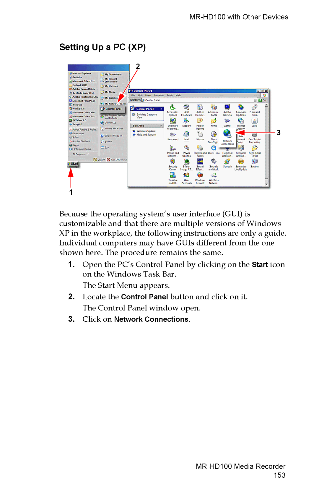 FOCUS Enhancements MR-HD100 manual Setting Up a PC XP, Click on Network Connections 