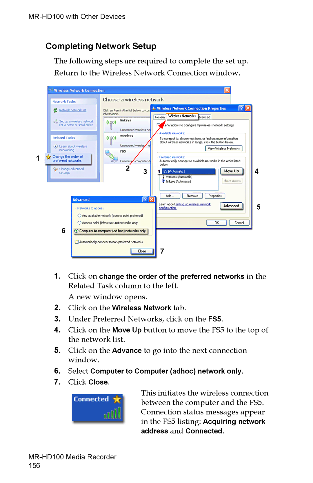 FOCUS Enhancements MR-HD100 manual Completing Network Setup, Select Computer to Computer adhoc network only 