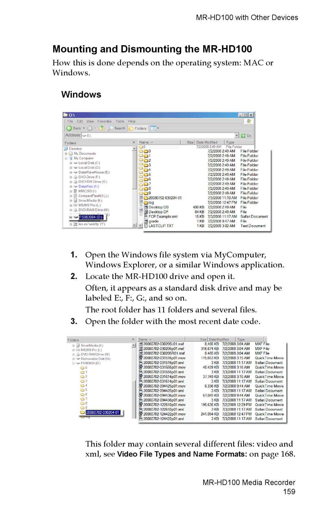 FOCUS Enhancements manual Mounting and Dismounting the MR-HD100, Windows, Xml, see Video File Types and Name Formats on 