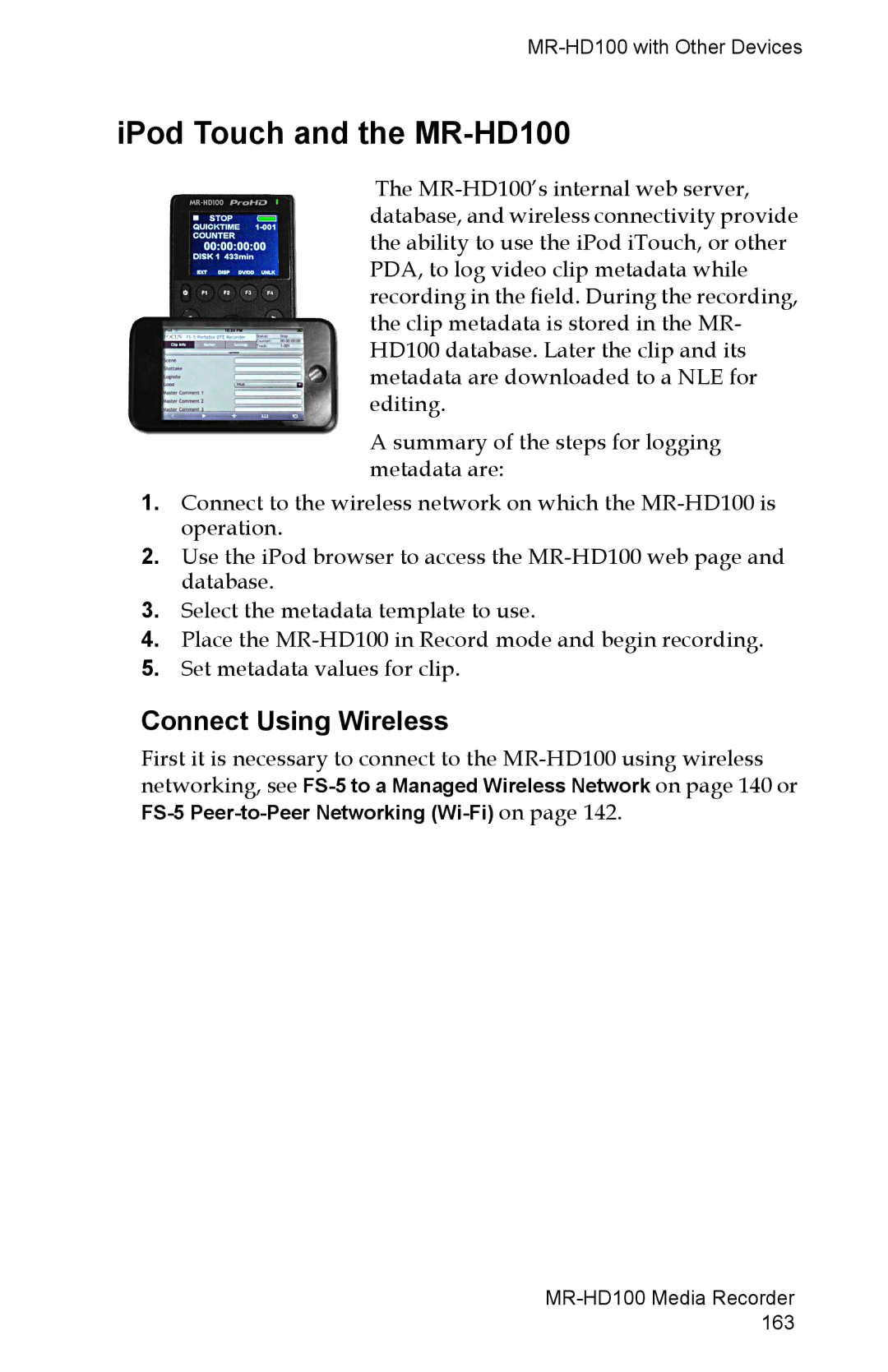 FOCUS Enhancements manual IPod Touch and the MR-HD100, Connect Using Wireless 