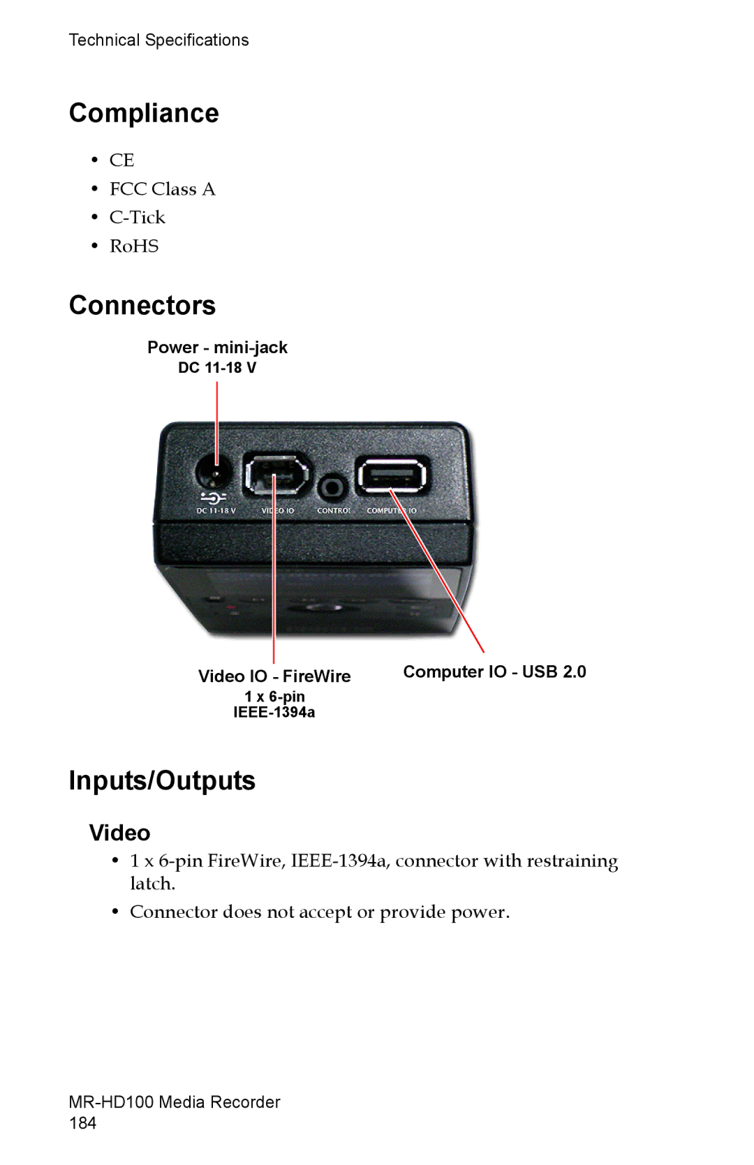 FOCUS Enhancements MR-HD100 manual Connectors, Inputs/Outputs, Video 