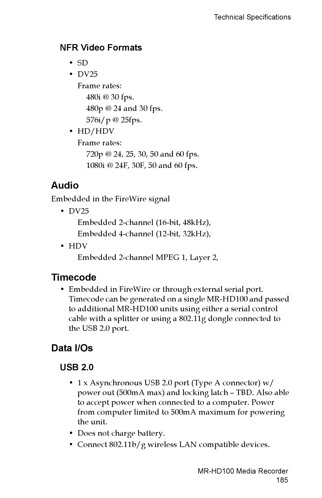 FOCUS Enhancements MR-HD100 manual Audio, Timecode, Data I/Os, NFR Video Formats, Usb 