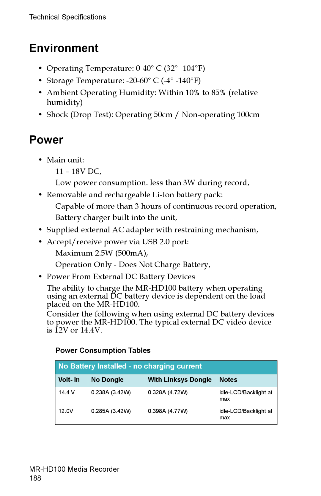 FOCUS Enhancements MR-HD100 manual Environment, Power Consumption Tables 