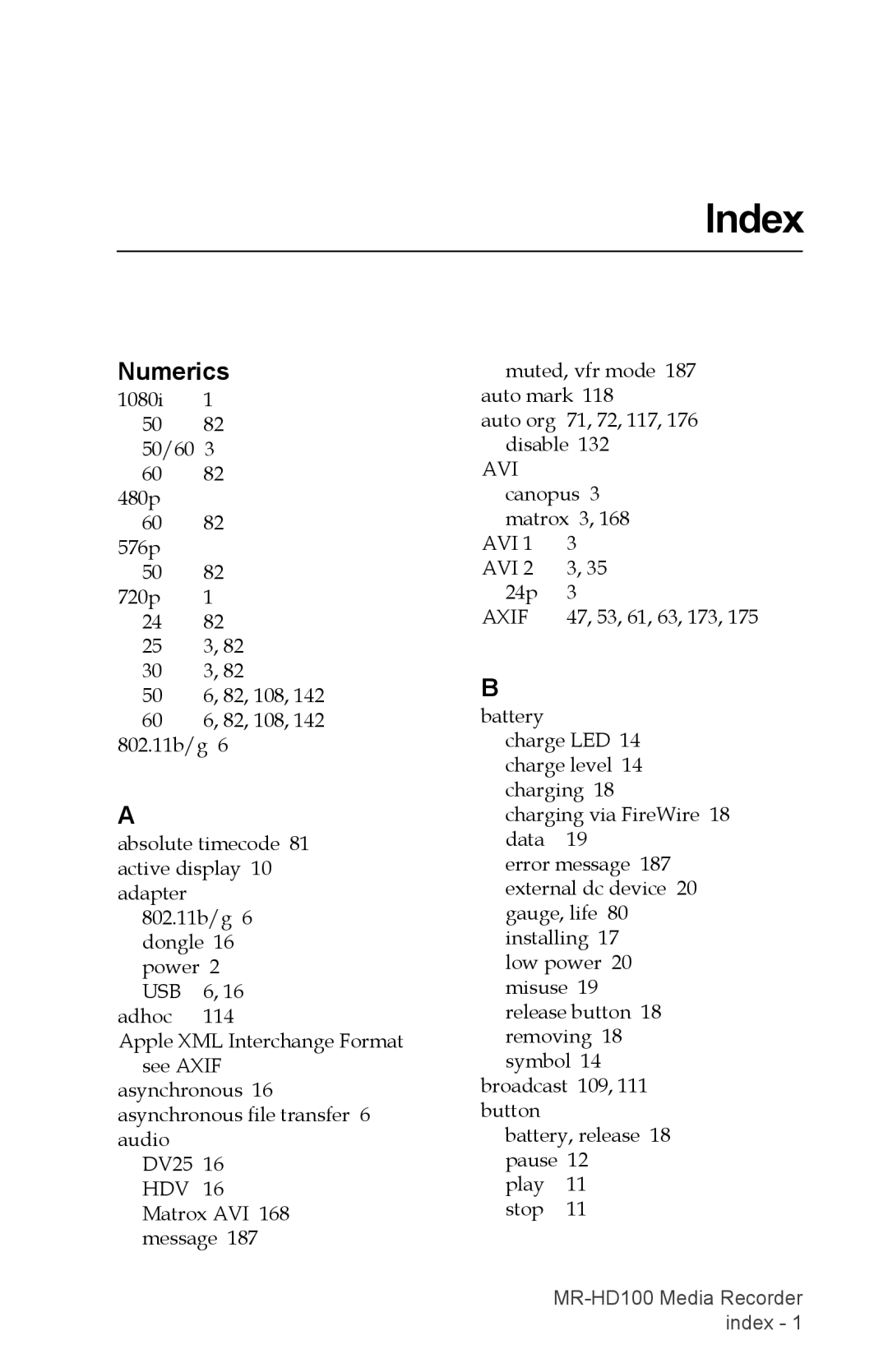 FOCUS Enhancements MR-HD100 manual Index, Numerics 