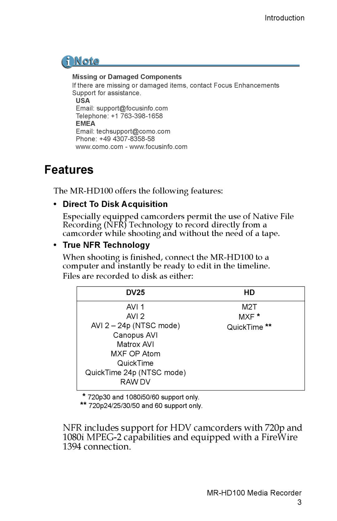 FOCUS Enhancements MR-HD100 manual Features, Direct To Disk Acquisition, True NFR Technology, DV25 