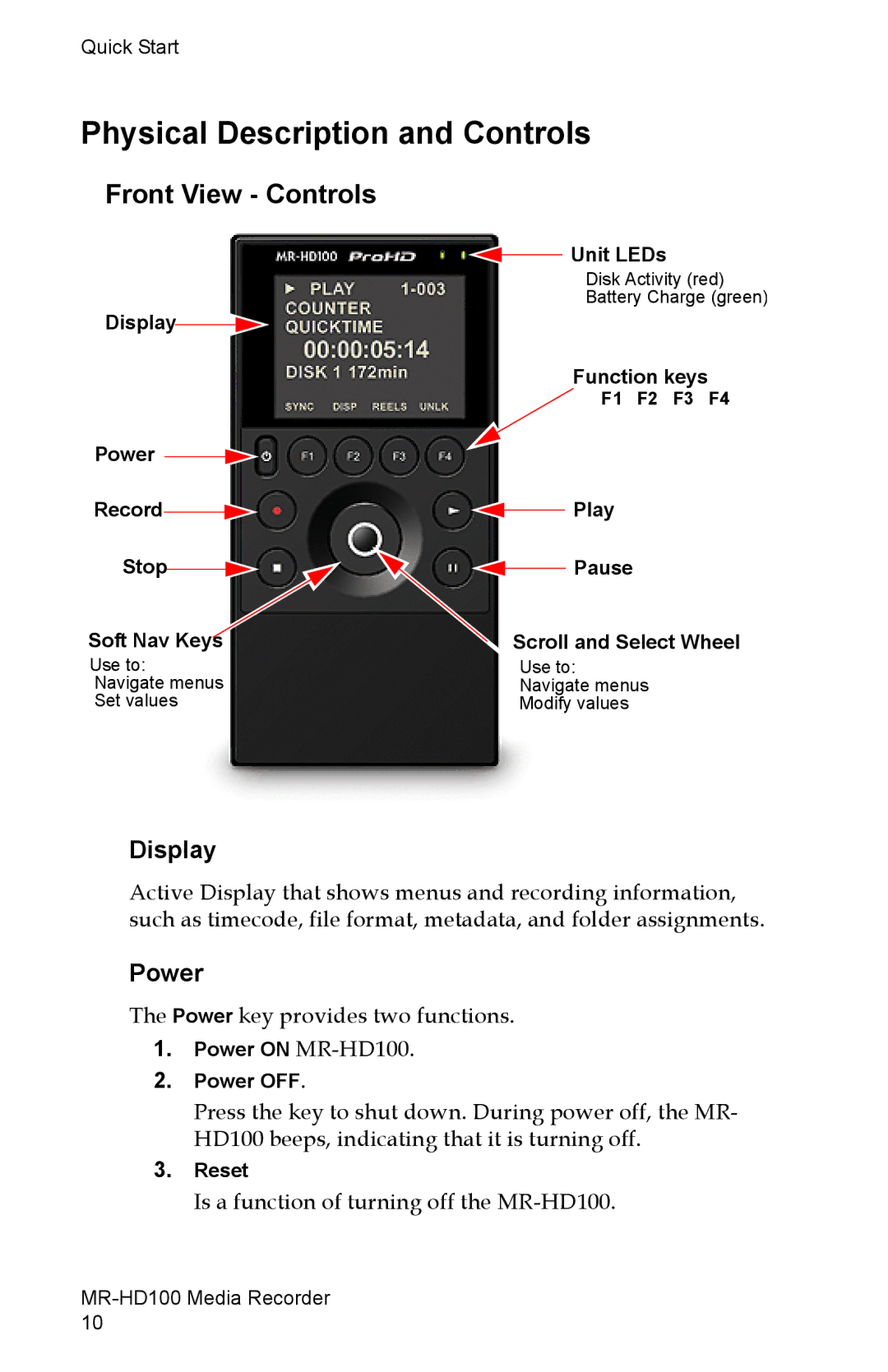 FOCUS Enhancements MR-HD100 manual Physical Description and Controls, Front View Controls, Display, Power 