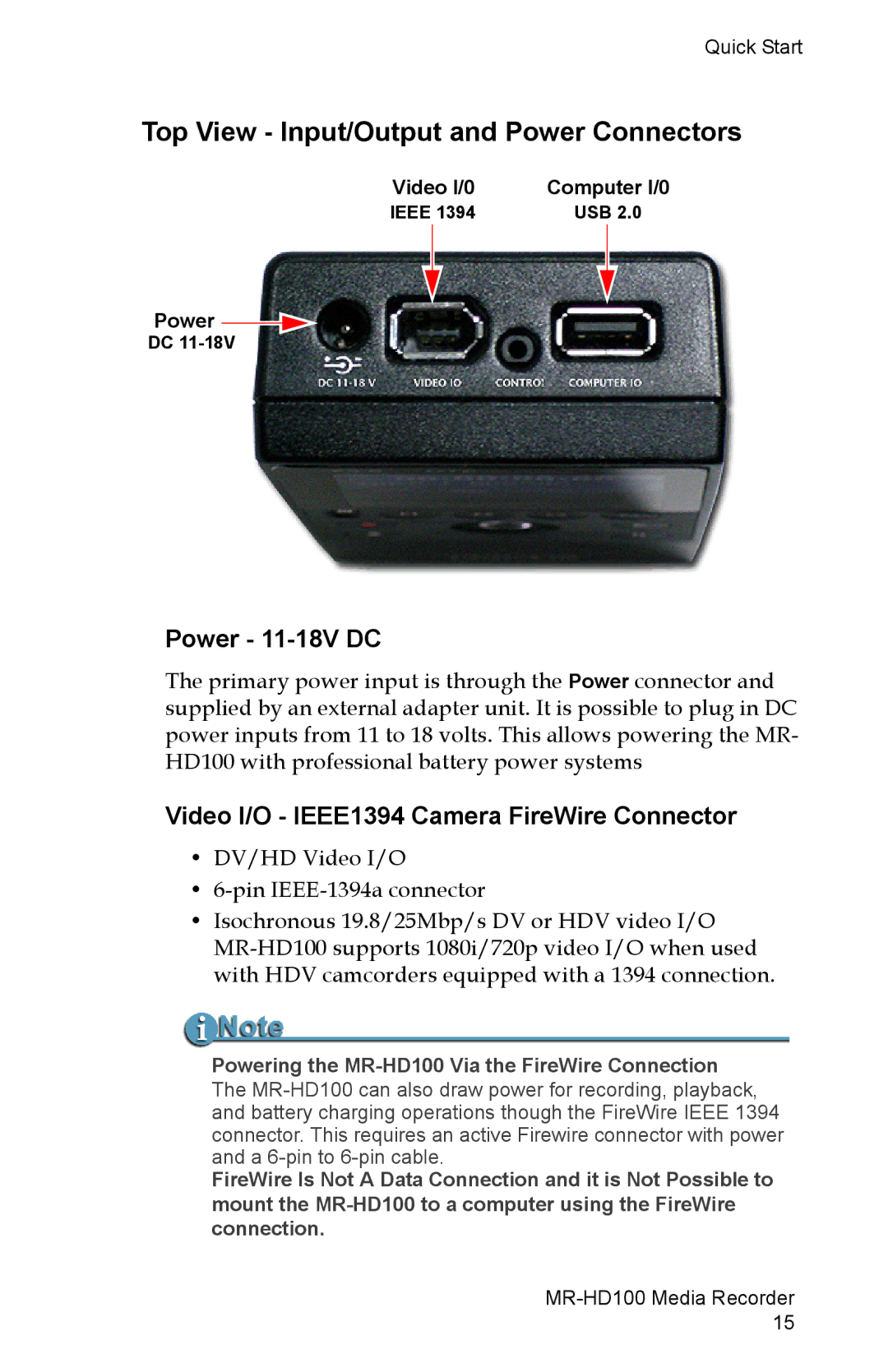 FOCUS Enhancements MR-HD100 manual Top View Input/Output and Power Connectors, Power 11-18V DC, Video I/0 Computer I/0 