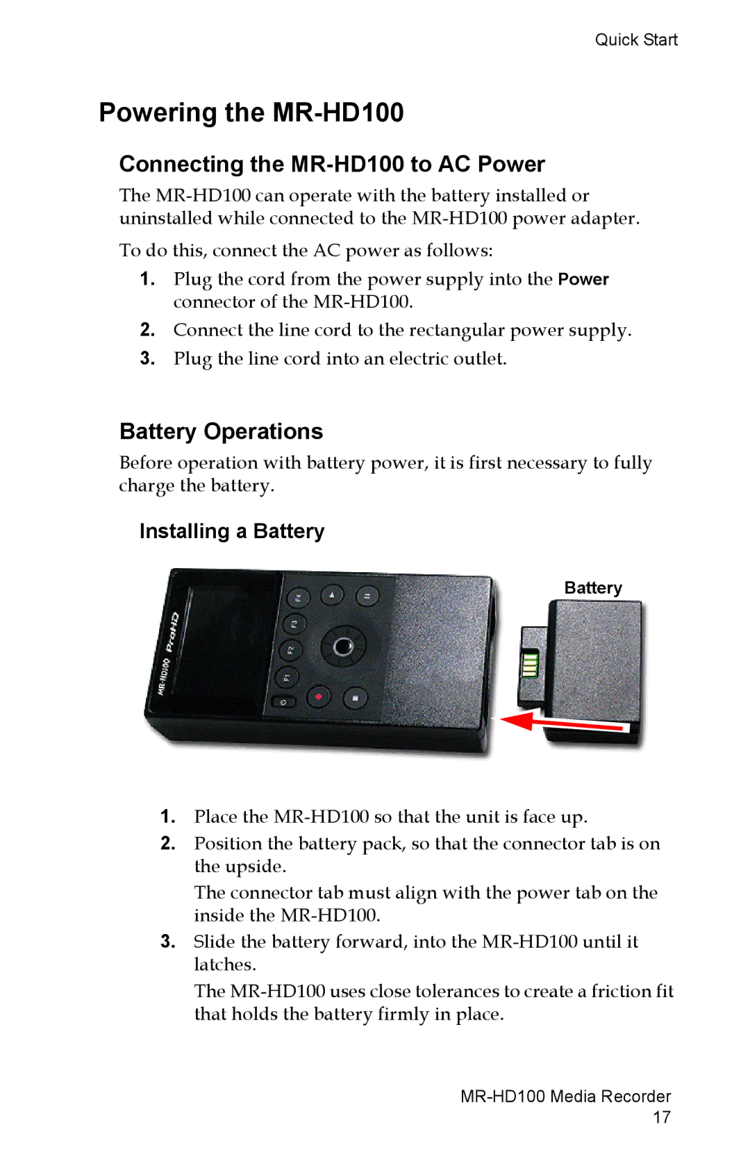 FOCUS Enhancements Powering the MR-HD100, Connecting the MR-HD100 to AC Power, Battery Operations, Installing a Battery 