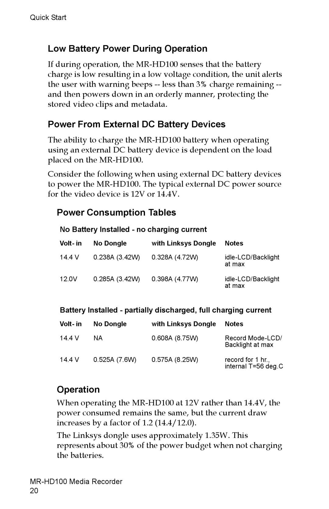 FOCUS Enhancements MR-HD100 manual Low Battery Power During Operation, Power From External DC Battery Devices 