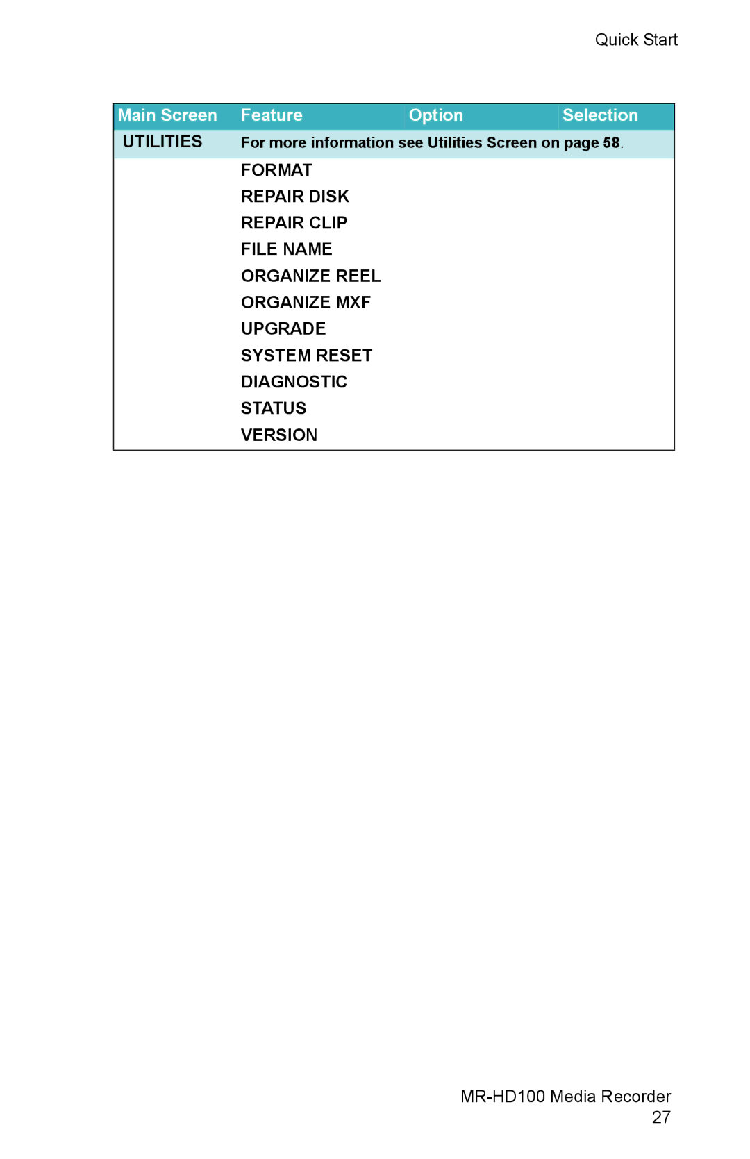 FOCUS Enhancements MR-HD100 manual Utilities For more information see Utilities Screen on 