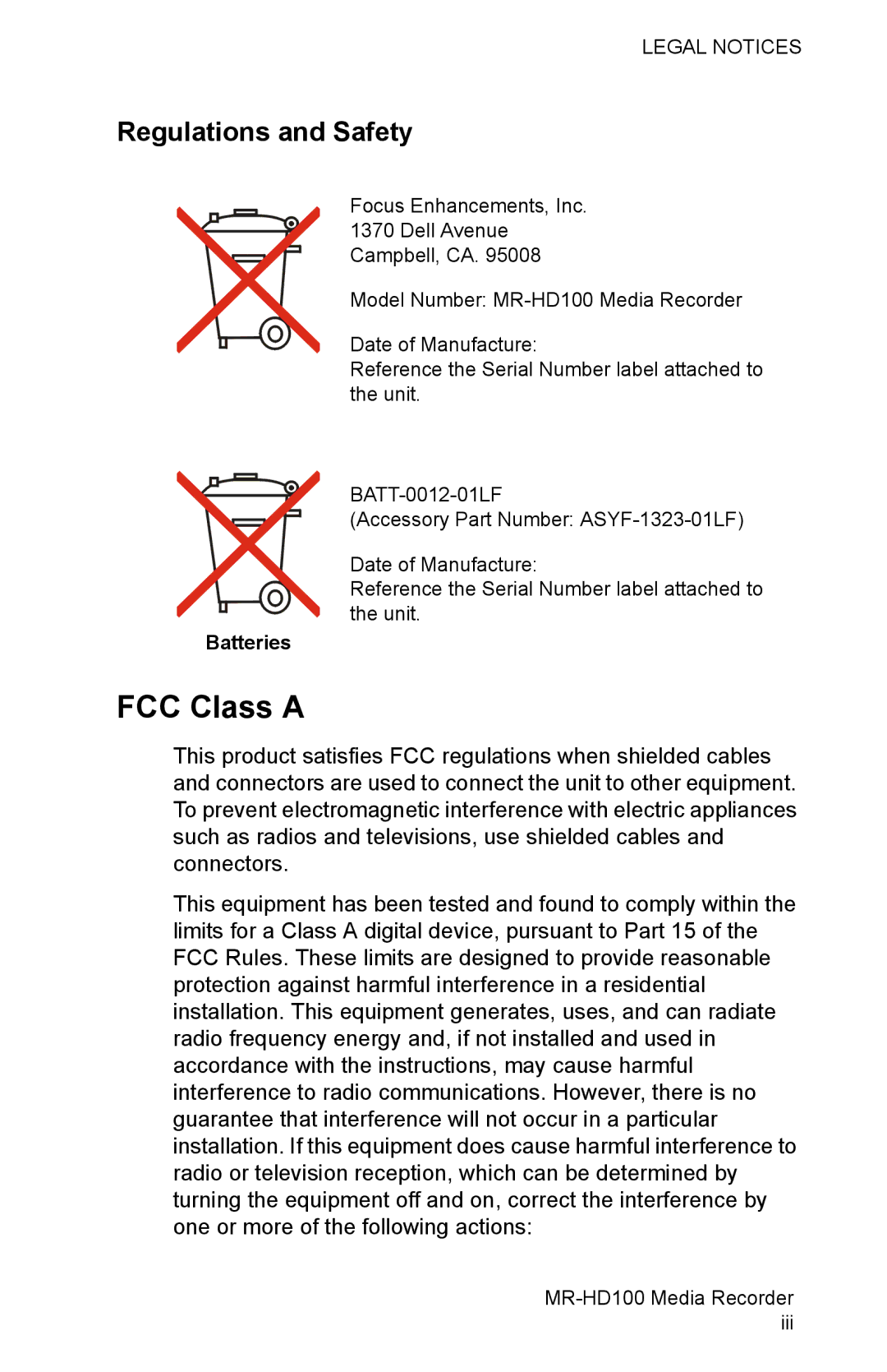 FOCUS Enhancements MR-HD100 manual FCC Class a, Regulations and Safety, Batteries 