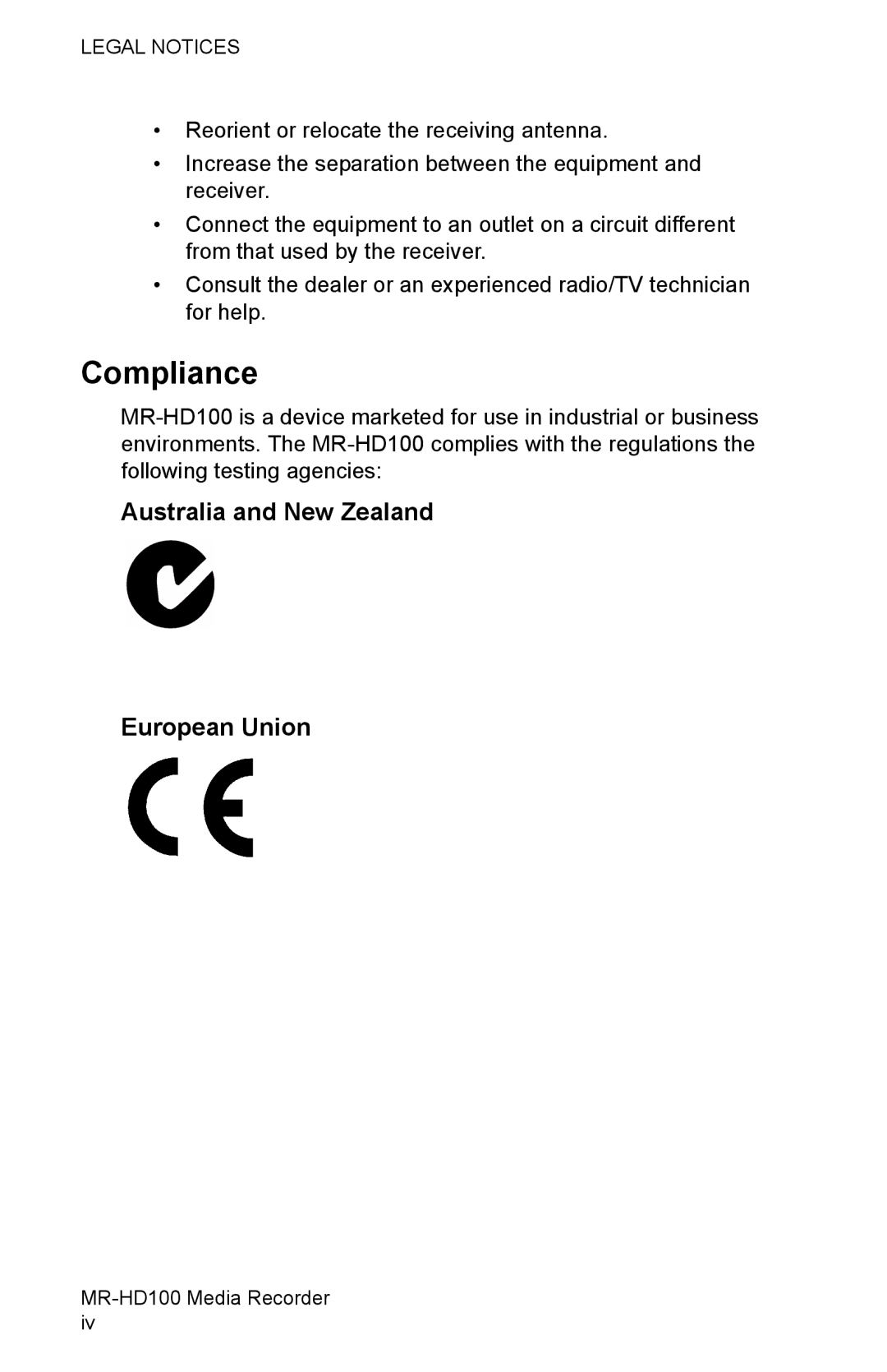 FOCUS Enhancements MR-HD100 manual Compliance, Australia and New Zealand European Union 