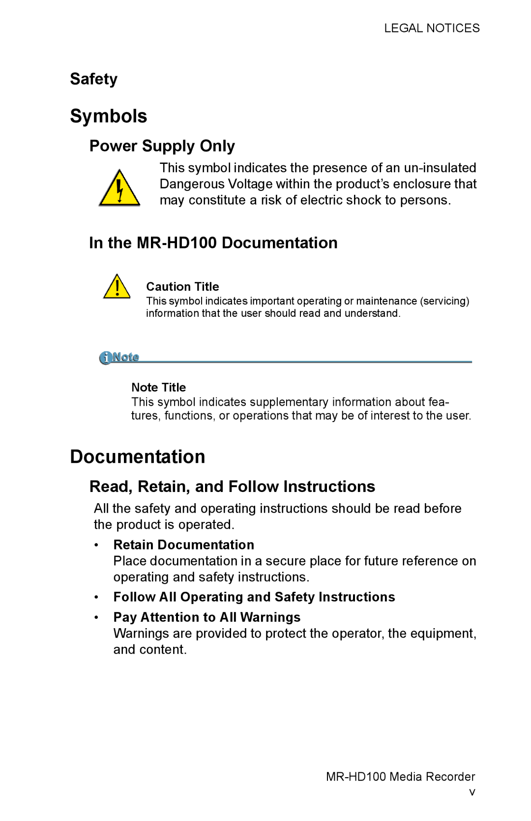 FOCUS Enhancements MR-HD100 manual Symbols, Documentation 