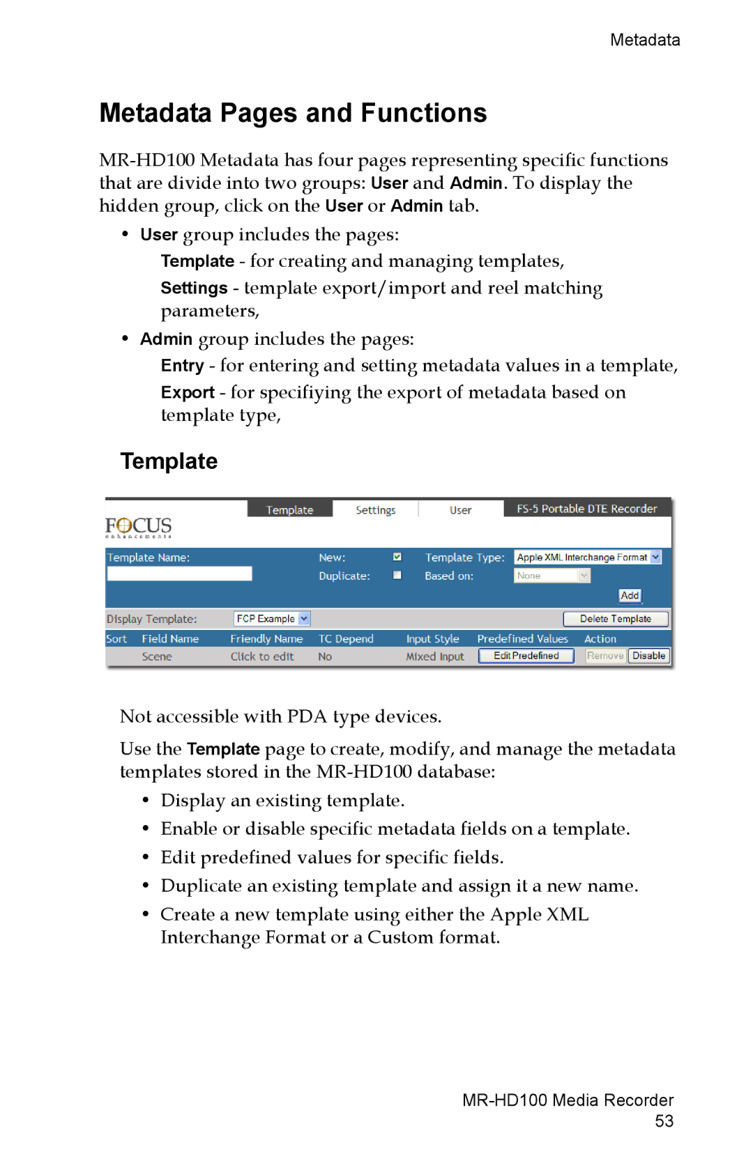 FOCUS Enhancements MR-HD100 manual Metadata Pages and Functions, Template 